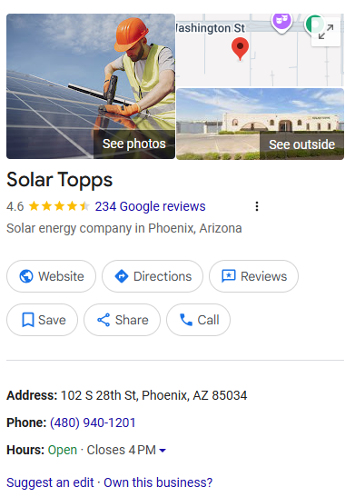 Solar Topps Google Business Profile